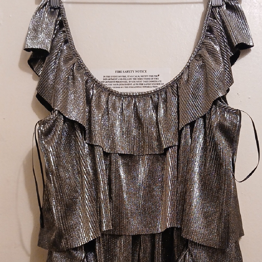 Metallic Ruffle Tiered Off-The-Shoulder Silver Dress - Picture 8 of 8